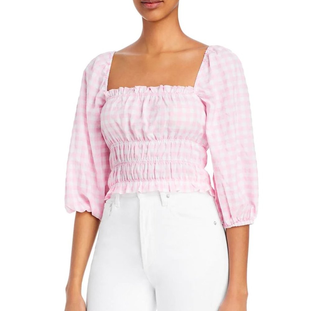 CHARLIE HOLIDAY   Boheme Gingham Linen & Cotton Crop Top In Pink Gingham